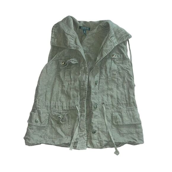LAUREN RALPH LAUREN Olive Cargo Utility Sleeveless Linen Blouse Size M - Picture 1 of 6